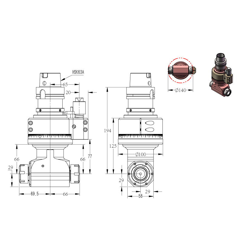DK90-HSK63A-ER25-2X角度頭，側銑頭