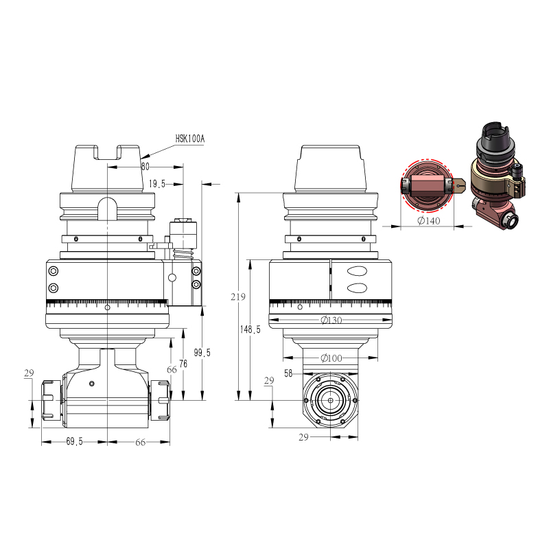 DK90-HSK100A-ER25-2X角度頭，側銑頭，銑頭